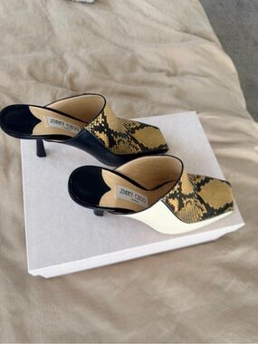 Jimmy Choo Yellow Snake-Print and Black Leather Mule Heels